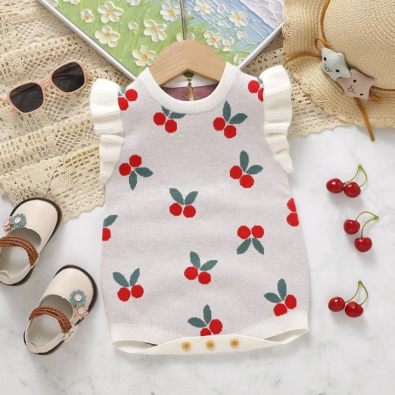 

Baby Bodysuit Knit Infant Girls Sling Jumpsuit Sleeveless Newborn Kid Clothing Cute Cartoon Cherry 0-18M Overalls Fashion Ruffle