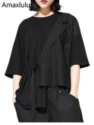 Amax LuLuE 2025 Luxury Korean Designer Clothes Ladies Patchwork Tops Womens Summer Strpied Oversized T-shirt Vintage Funny Tees
