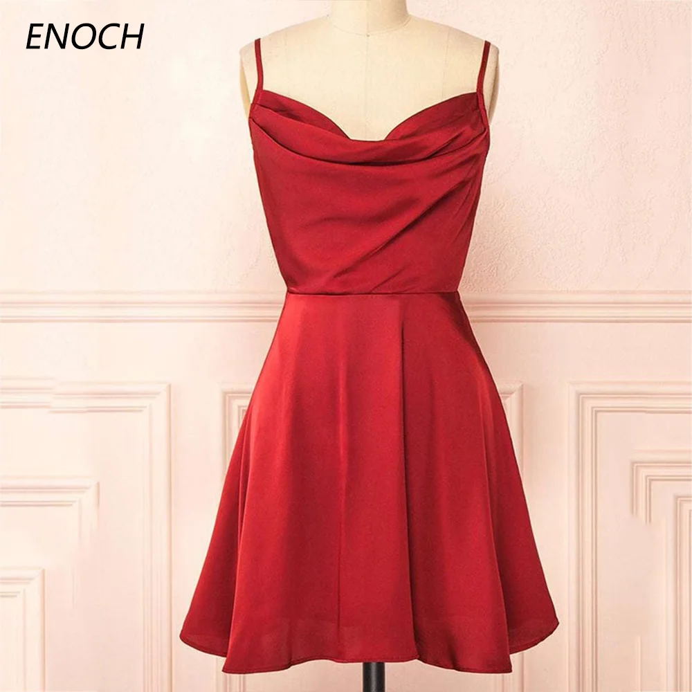 ENOCH Simple A-Line Cowl Neck Sleeveless Short Prom Dresses with Pleated Above Knee Zipper Back Party Gown Vestidos De Festa New