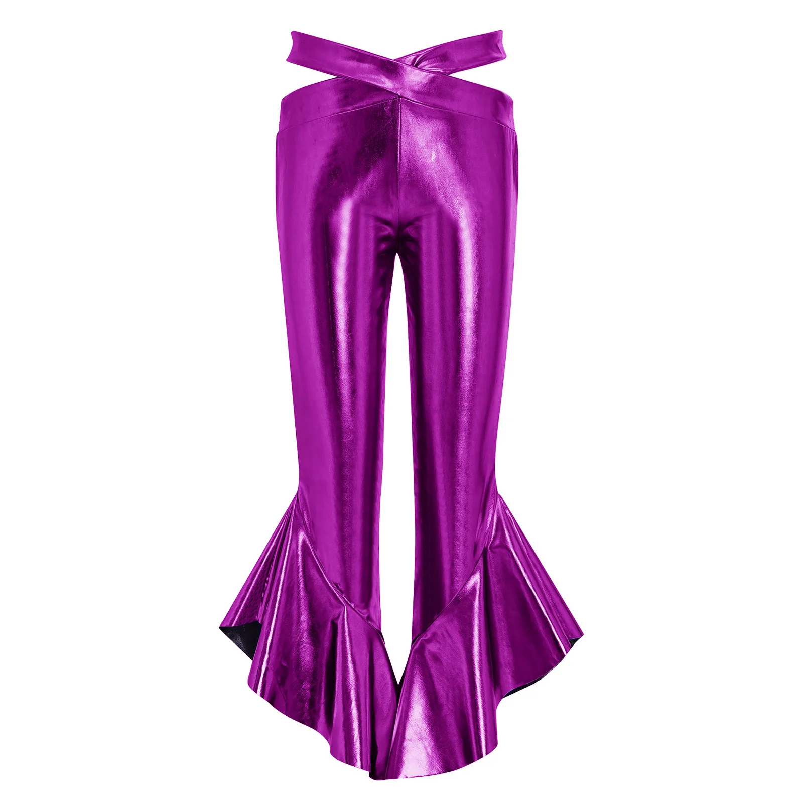 Kids Girls Metallic Jazz Waltz Disco Flared Pants Cross Waistband Ruffles Trousers for Disco Dance Theme Party Stage Performance