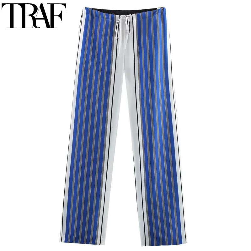 

TRAF 2025 Women's Pants Stripe Baggy Pants For Woman Summer Casual Wide Pants Mid Waisted Straight Leg Trousers Tie Pajama Pants