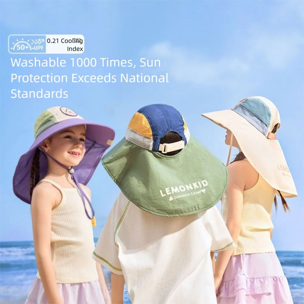 

New Polyester Kids Sun Hat Neck Flap Breathable Fabric Summer Hat Adjustable Strap UV Protection Beach Cap Outdoor Activities