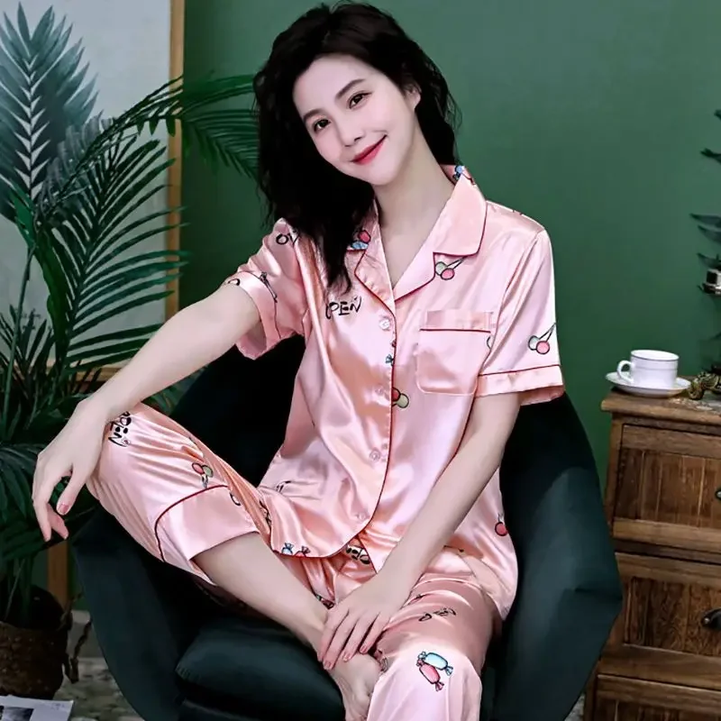 

Korean Fashion Summer Women Silk Sleepwear Short Sleeve Tops Long Pants Pajama Sets Luxury Loungewear Two Piece Sets Sleepwear