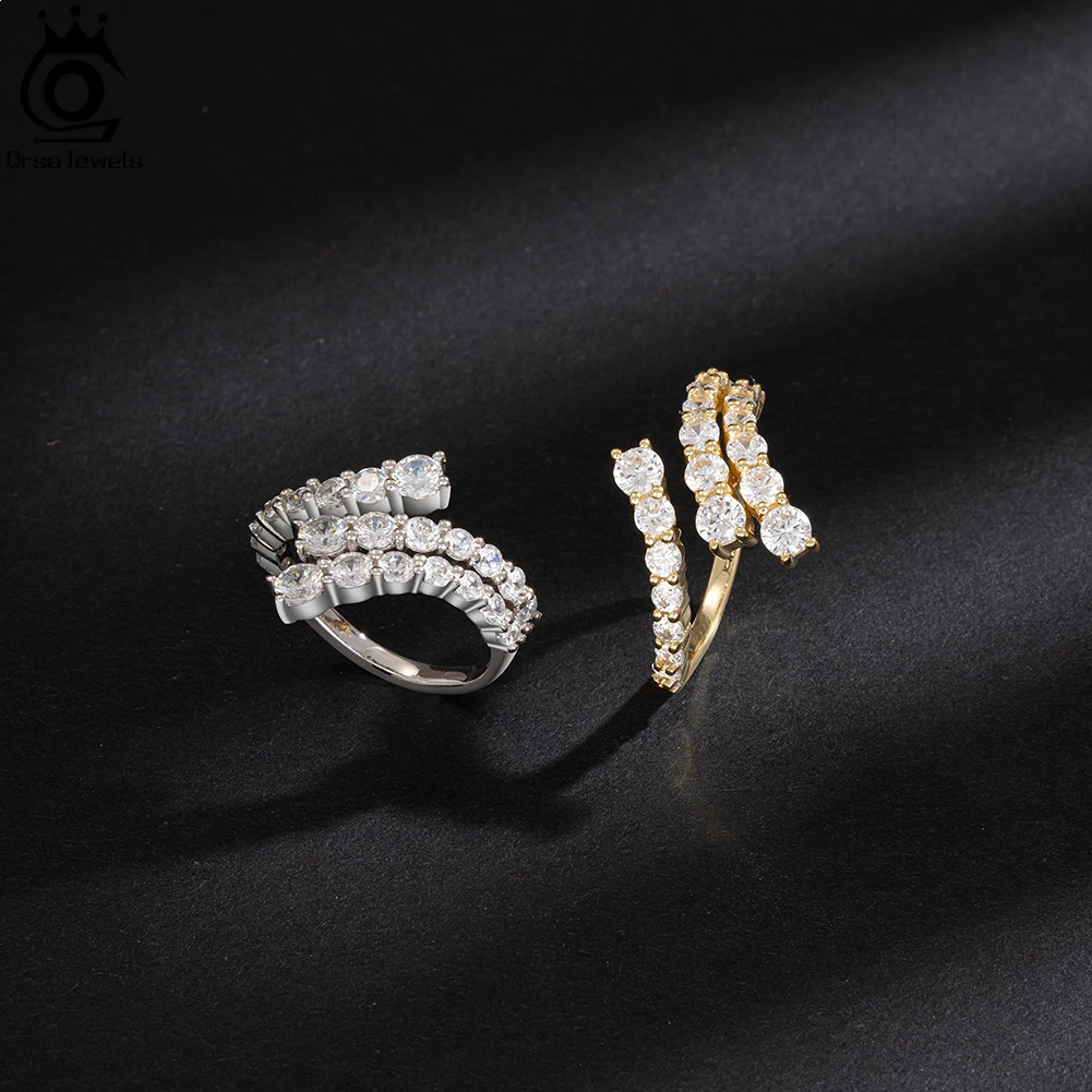 ORSA JEWELS New Fashion 925 Sterling Silver Open Ring Geometric Zircon Rings Irregular Line Ring Shiny Wedding Jewelry SR305