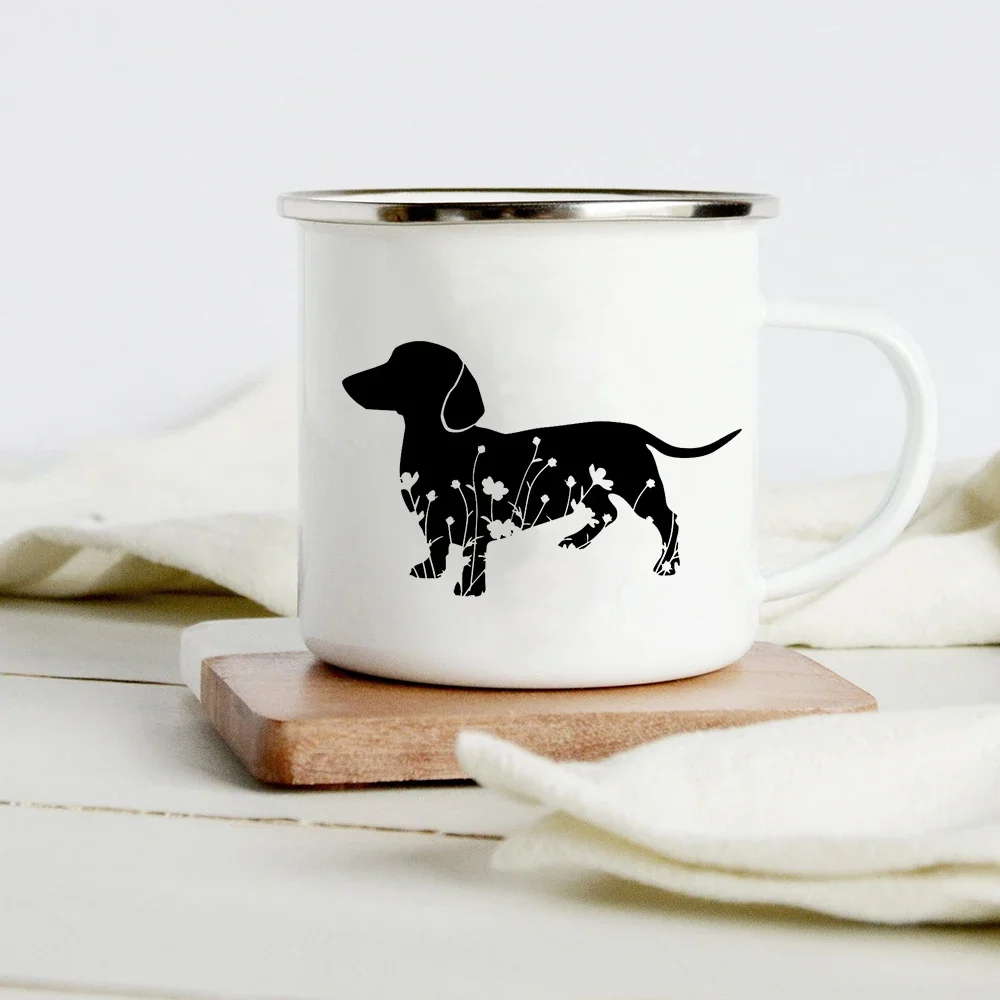 Peace Love Dogs Print Creative Enamel Coffee Mugs Cartoon Dachshunds Dog Paw Party Beer Juice Milk Cups Friend Birthday Gifts