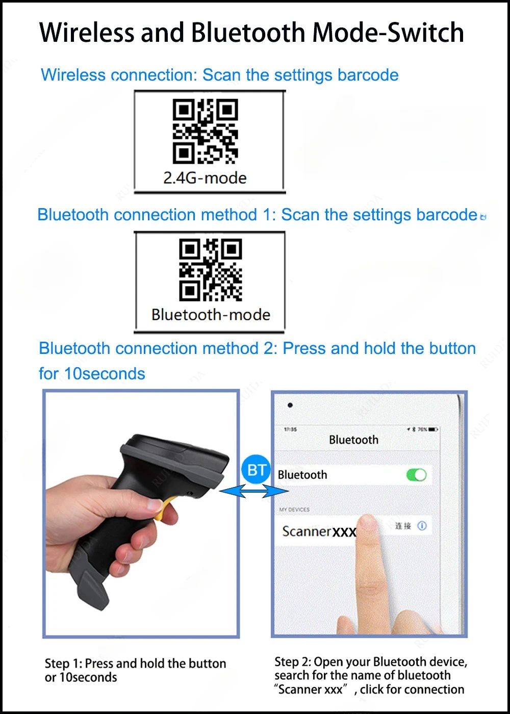 

Беспроводной Bluetooth-сканер штрих-кода Ручной считыватель QR-кода 2D PDF417 USB Портативный считыватель штрих-кодов PDF417