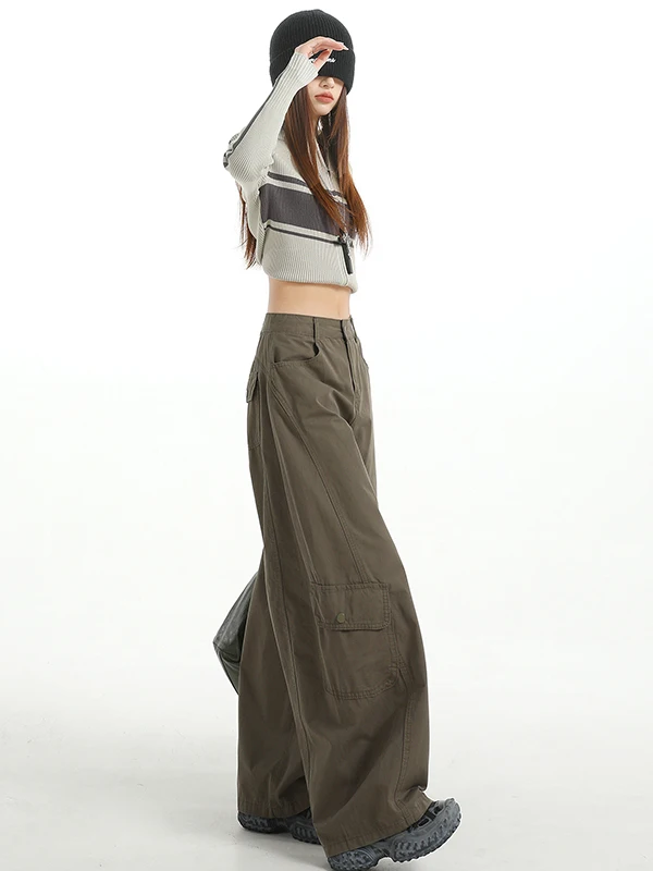กางเกงขายาวทรงหลวมเอวสูงสไตล์อเมริกันสำหรับผู้หญิง ฤดูใบไม้ผลิ ฤดูใบไม้ร่วง รุ่นใหม่ ทรงหลวม ใส่สบาย สไตล์ลำลอง ทหาร  ใช้งานได้หลากหลาย