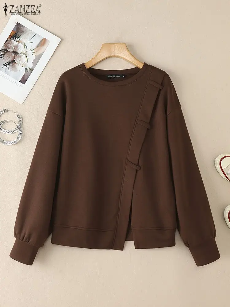 

Весна 2026, женские модные толстовки с длинным рукавом и круглым вырезом, диагональная планка, асимметричный подол, однотонные пуловеры ZANZEA, женская одежда