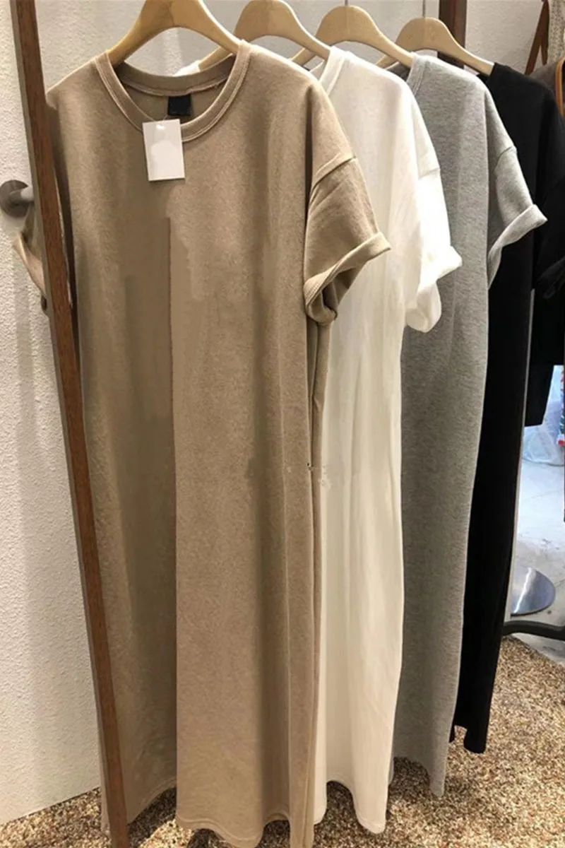 

Fashionable Pure Color round Neck Loose Short Sleeve Midi Dress Women's Trendy Summer New Arrival Korean Style High Waist Dress