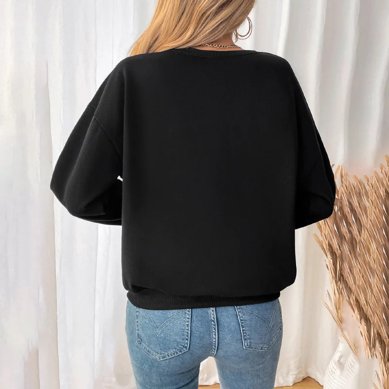 편안한 캐주얼 스웨터 코트, 체크 무늬 활 스티치 라운드 넥 스웨터, 2025 용수철 통근 여성복