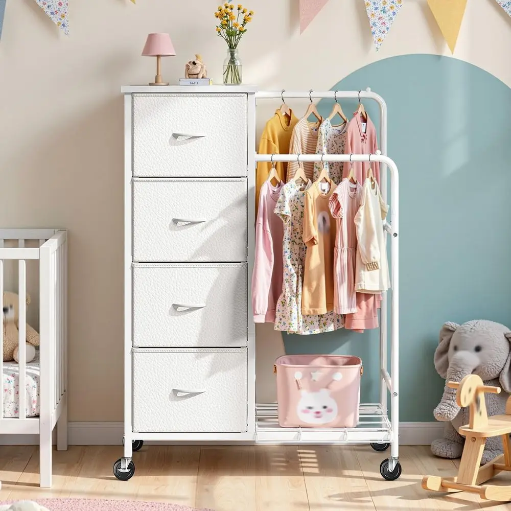 

White Tall Closet Organizer with Hanging Rack and Double Clothes Rack, 15.8D x 29.9W x 47.3H