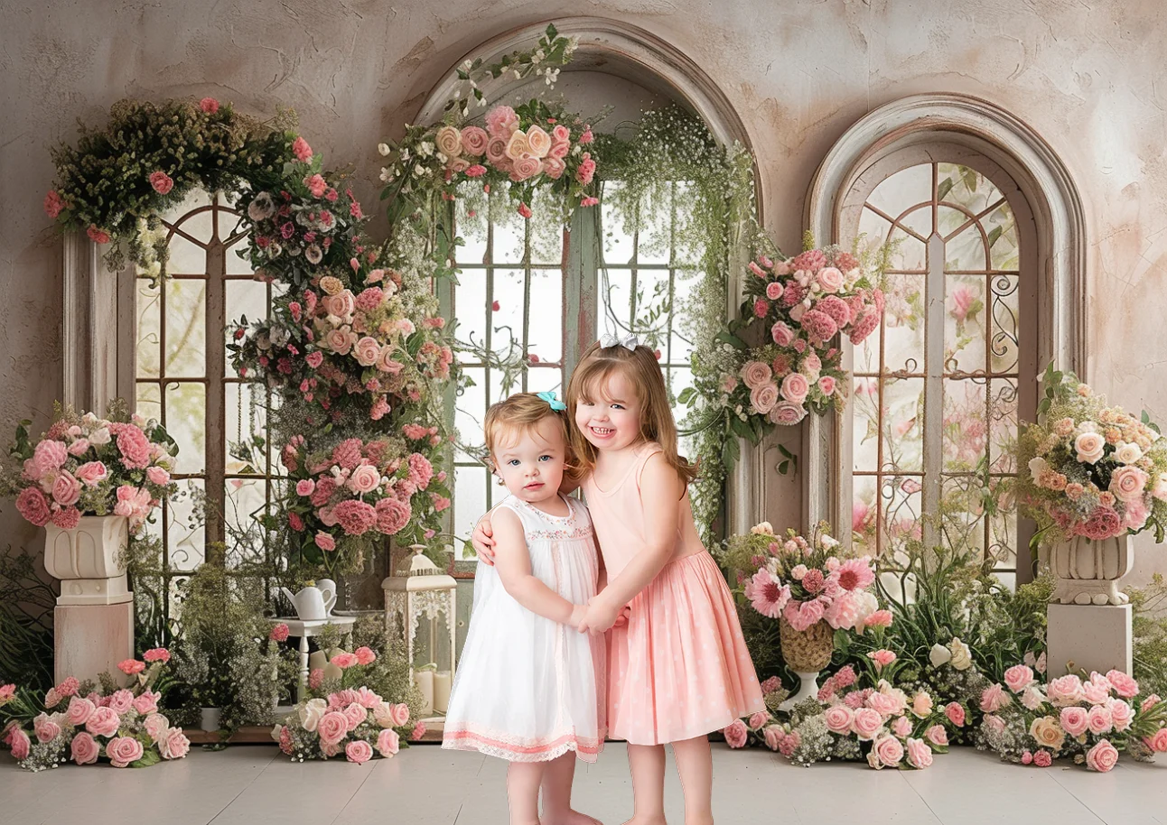 Spring Photography Backdrop Prop Room Wedding Pink Floral Dreamy Pastel Arched Door Birthday Portrait Background Photo Studio