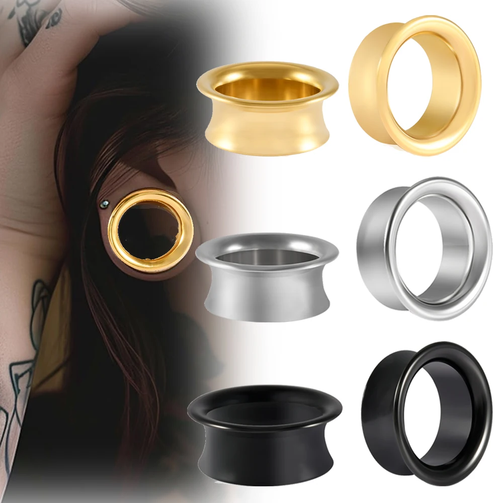 Stainless Steel Gold Black Silver Ear Tunnels Gauges Big Flared Ear Stretchers Expander Threadless Hollow Ear Plugs Piercing