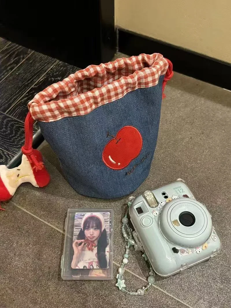 Portable makeup bag  camera storage bag, denim Apple drawstring bag, Korean-style ins-style drawstring pouch