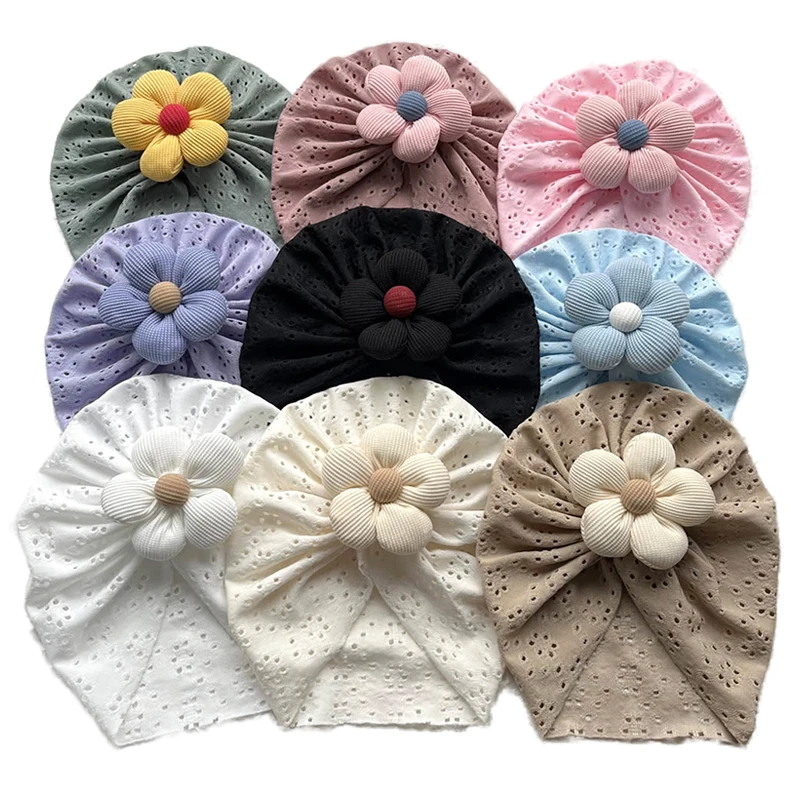 

Lovely Flower Baby Hat Elastic Newborn Indian Cap Hollow Breathable Turban Baby Girls Hats Beanies Kids Infant Hair Accessories