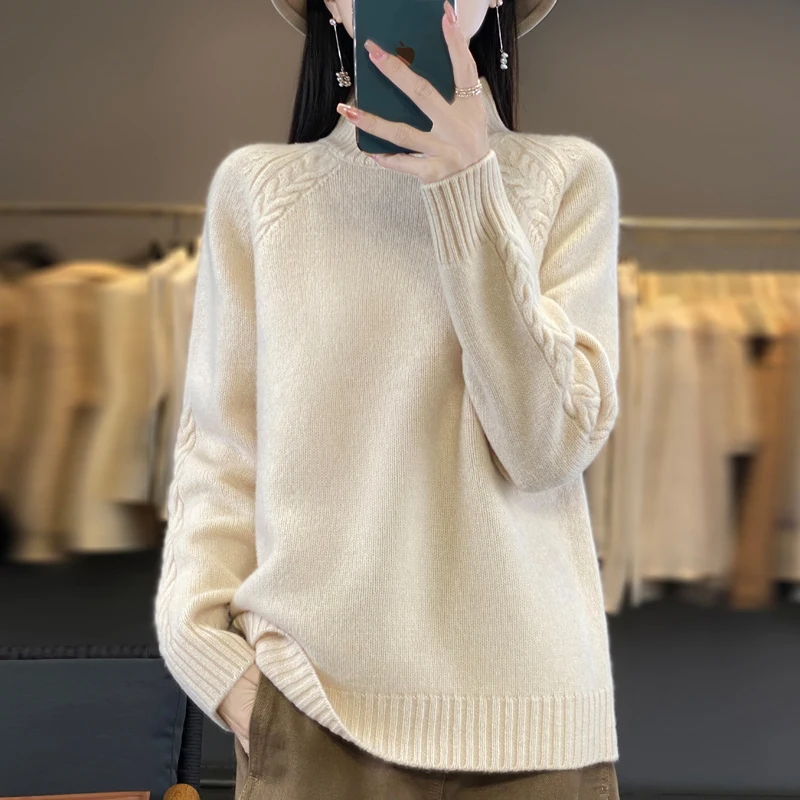 Frauen Pullover Für Winter 100% Merino Wolle Mock Neck Dicke Warme Pullover Twist Blume Langarm Reine Wolle Stricken Koreanische Mode