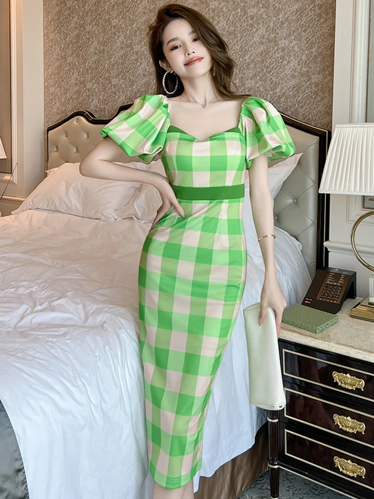 Sweet Elegant Midi Dress for Women Green Pink Black Bubble Sleeve High Waist Wrap Hip Robe Femme Party Holiday Street Vestidos