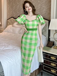 Sweet Elegant Midi Dress for Women Green Pink Black Bubble Sleeve High Waist Wrap Hip Robe Femme Party Holiday Street Vestidos