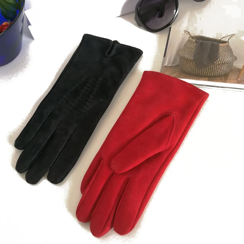 Suede Leather Women Gloves Fashion Simple Autumn Winter Plus Velvet Keep Warm Driving Gloves Female Red Black DZ10