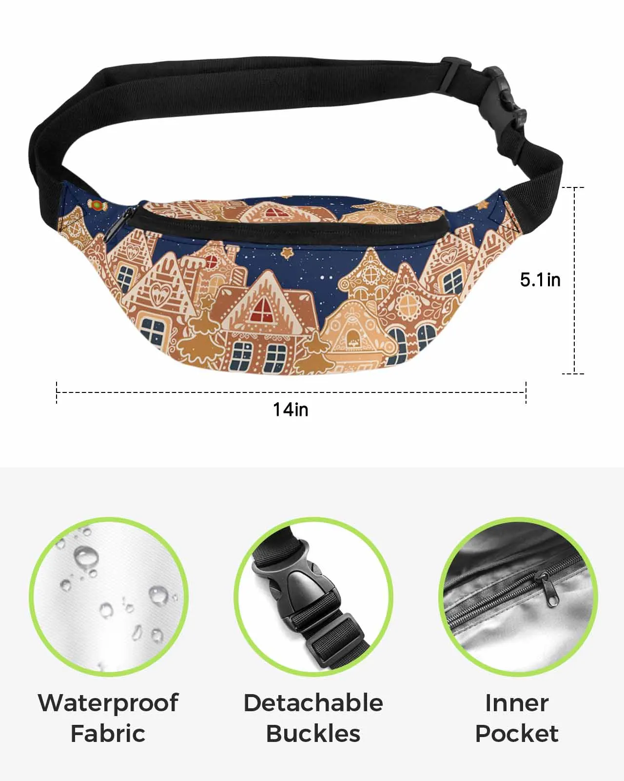 Gingerbread Snowman Christmas Tree Gift  Men Women Waist Bag Fanny Pack Phone Belt Bag Wallet Pouch Waterproof Banana Hip Bags