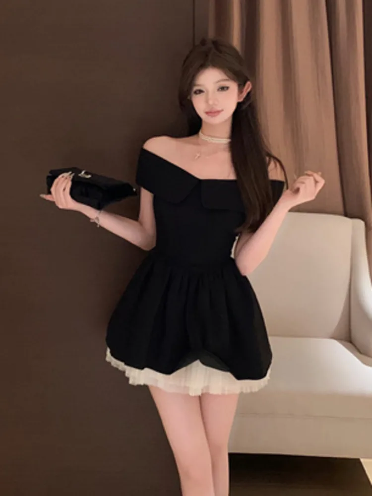 French Hepburn Elegant Lady Mini Evening Party Dress Mesh Stitching A Line Summer Dresses For Women Off Shoulder Slim Sexy Dress