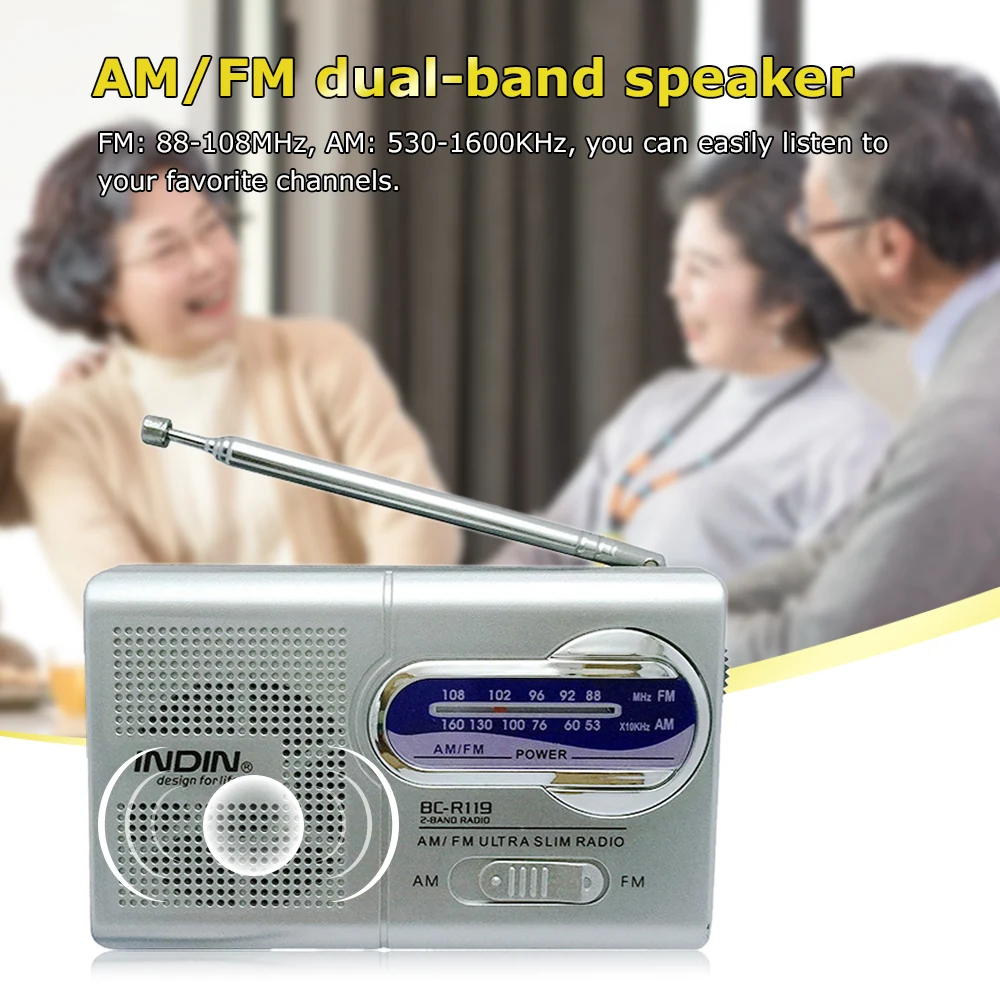 BC-R119 AM/FM Dual Band Mini Radio Receiver Portable Player Built in Speaker with A Standard 3.5MM Headphones Jack Silver Grey