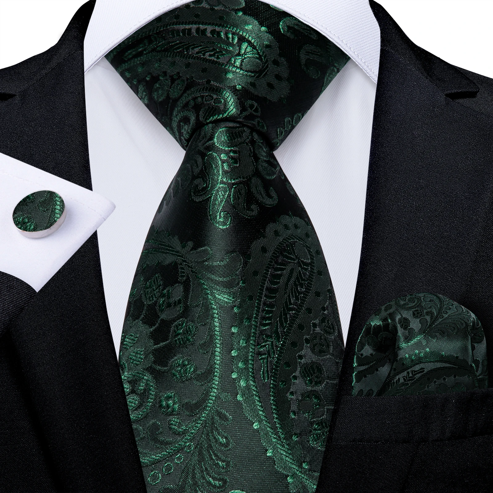 Green Men Paisley Ties Handkerchief Cufflinks Stainless Steel Dragon Ring Wedding Party Accessories Gift 8cm Necktie Wholesale