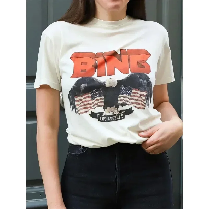 New AB Womens Bing T-shirt Women Top Tee Shirts Men Cotton Short Sleeved Loose O-neck Ladies Retro Washing Eagle Flag Clothing