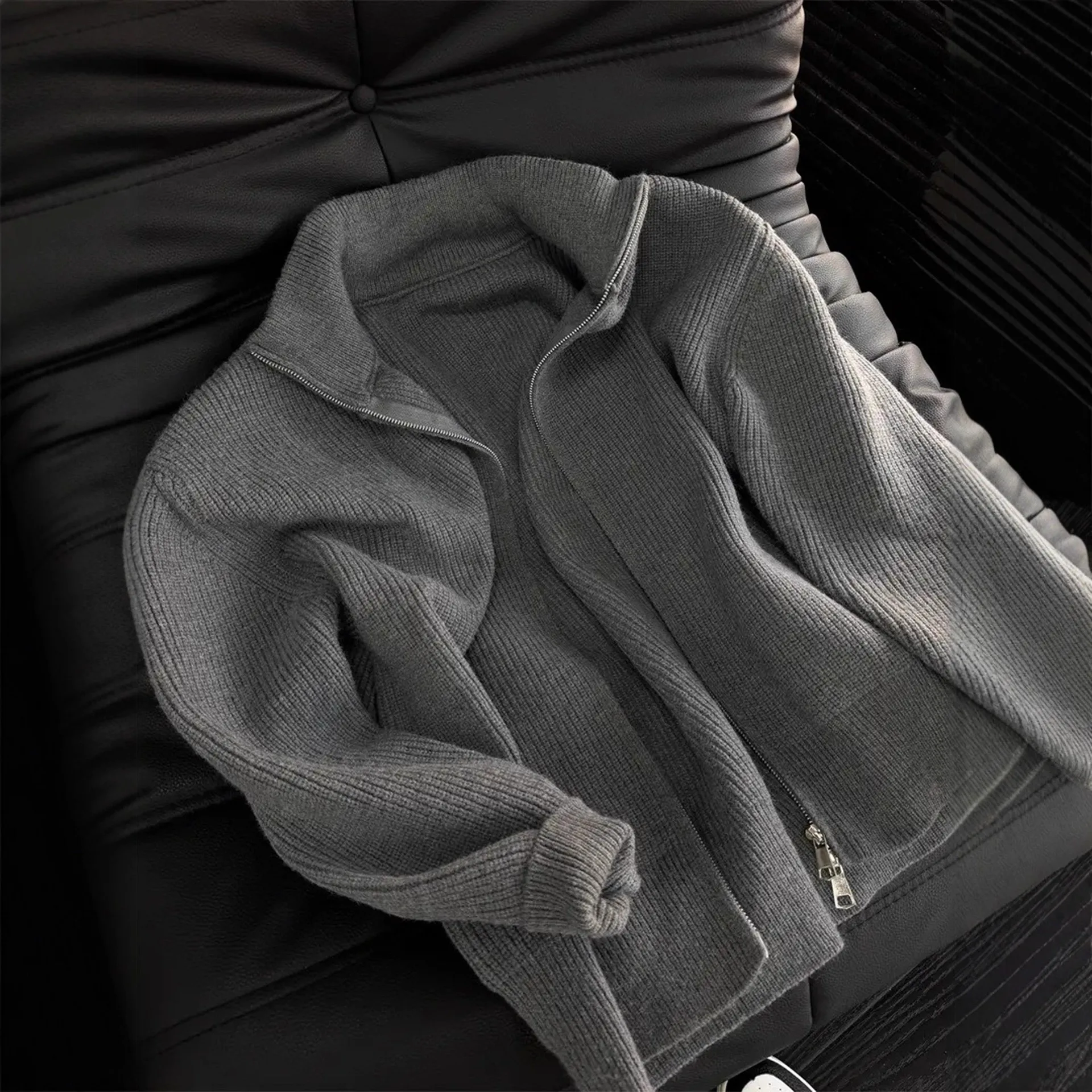 

Американский кардиган с двойной молнией и открытой молнией, мужской осенне-зимний свободный вязаный свитер Lazy Sle Long Sve из полиэфирного волокна