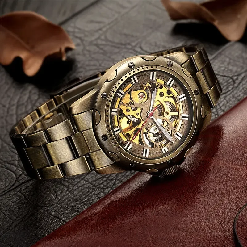 

Luxury Brand Retro Classic Bronze Tone Case Skeleton Mens Automatic Self Winding Mechanical Wrist Watch Military Style Nice Gift