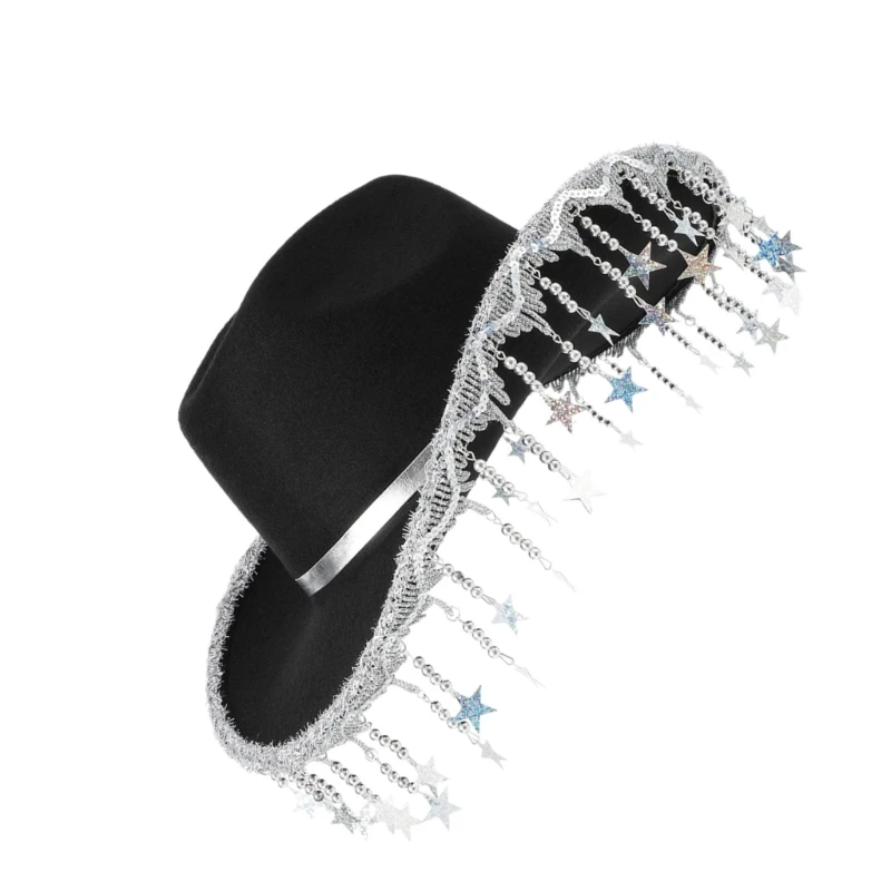 50JB Shimmering Cowboy Hats with Sequins Star Fringe for Proms Banquets Party Plain Color Cowboy Hats for Adult Taking Photo