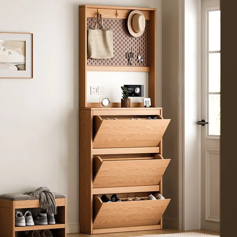 Ultra-thin tipping bucket shoe cabinet household indoor wall side cabinet entry door wall storage solid wood oak shoe