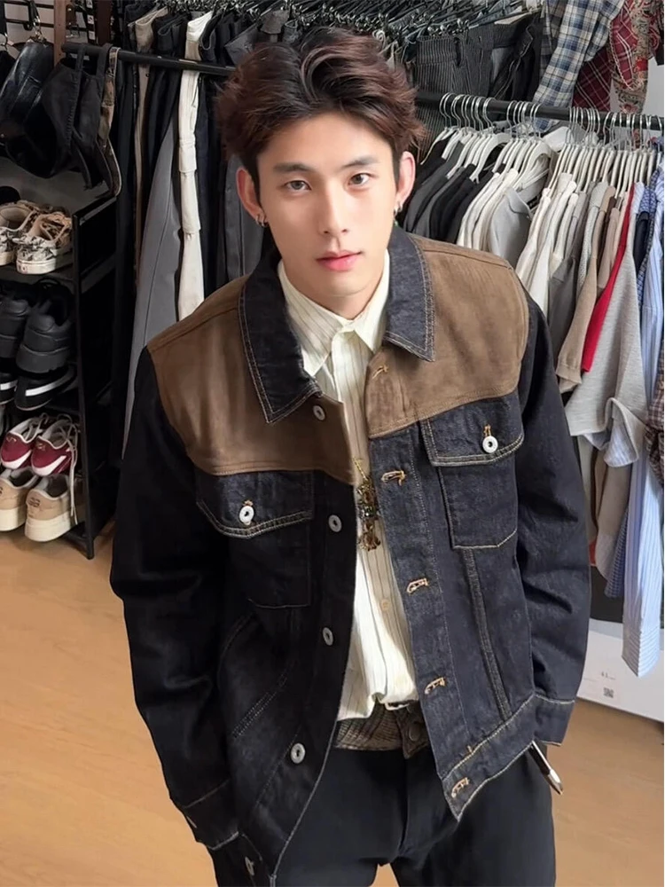 

Мужская замшевая куртка-пальто Barn Sle из денима с лоскутным узором, воротником CleanFit, модная, повседневная, на пуговицах, удлиненная