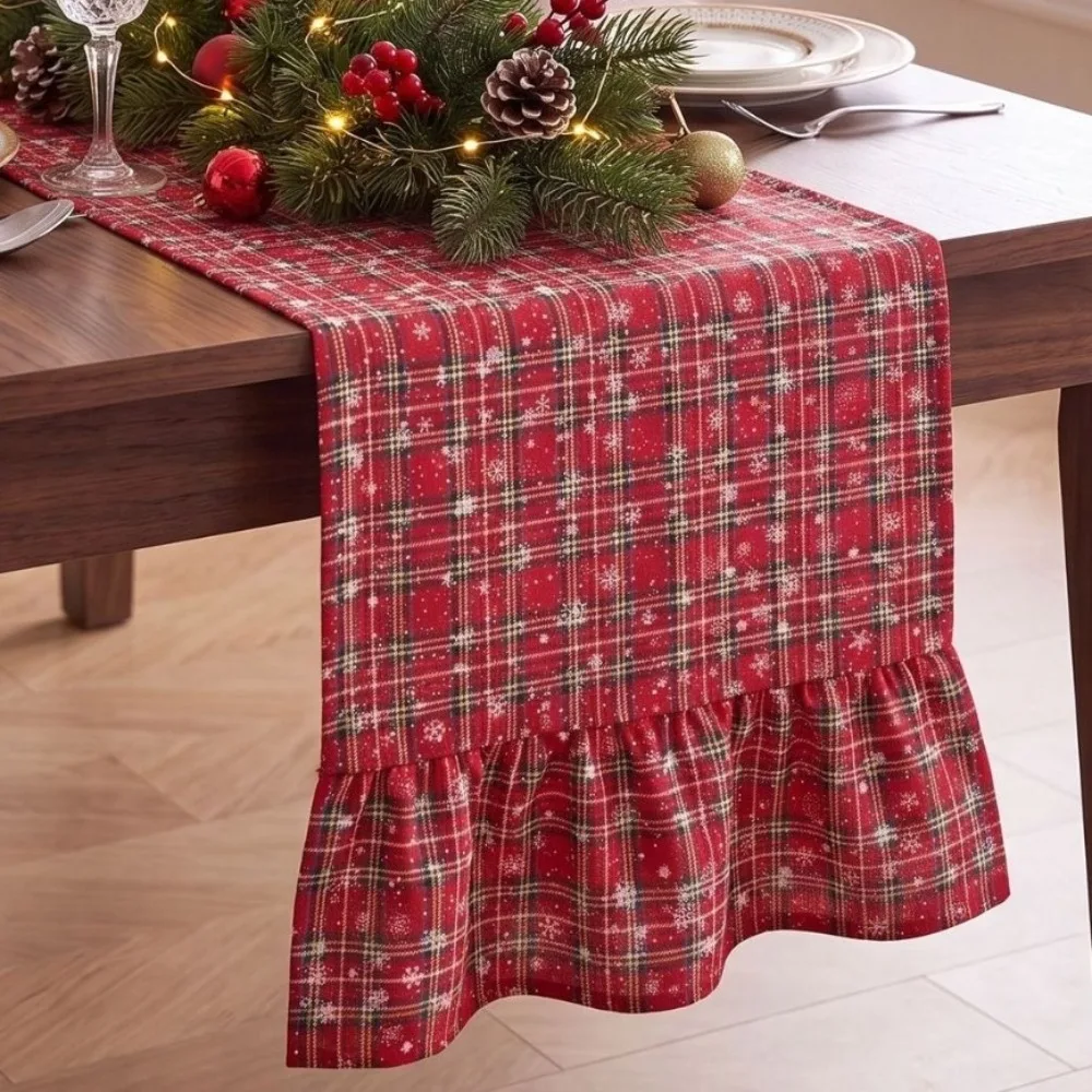 Double Ended Lotus Leaf Edge Christmas Table Runner Rustic Style Checkered Plaid Table Runner Vintage Washable