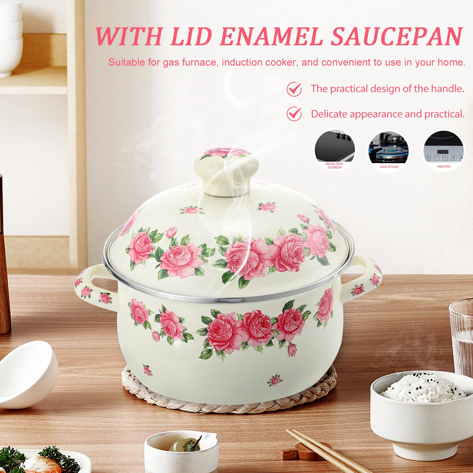 

Enamel Soup Thickened Heat-Resistant Stew Pot Non Stick Even Heating Dual Handle Cooking Pot For Gas Stove Pink Ramen