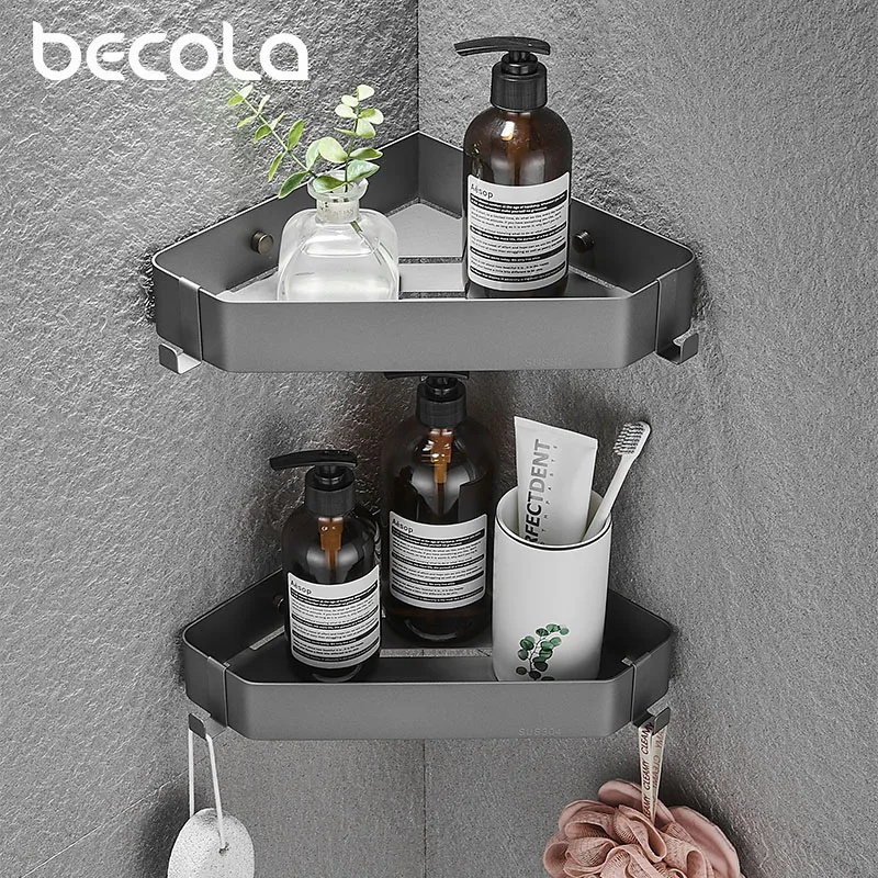 Black Corner Shelf Bathroom Storage Shelves Stainless Steel Triangle Towel Storage Wall-Free Punching Chrome Shower Rack