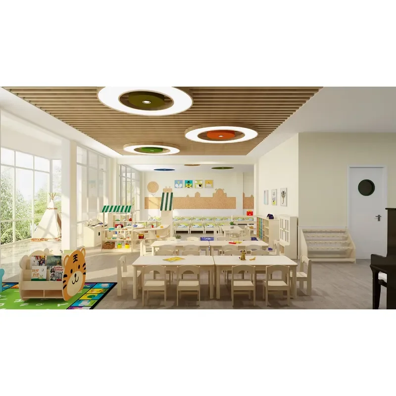 Modern Montessori wooden children's furniture set - desks, chairs, cabinets, suitable for daycare centers, schools, hotels