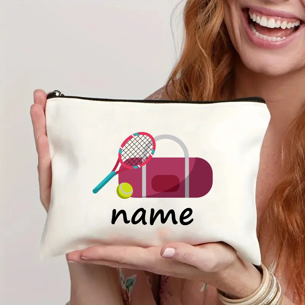 Customizable Tennis Themed Makeup Bag with Personalized Name Large Capacity Foldable Zippered Cosmetic Pouch for Travel