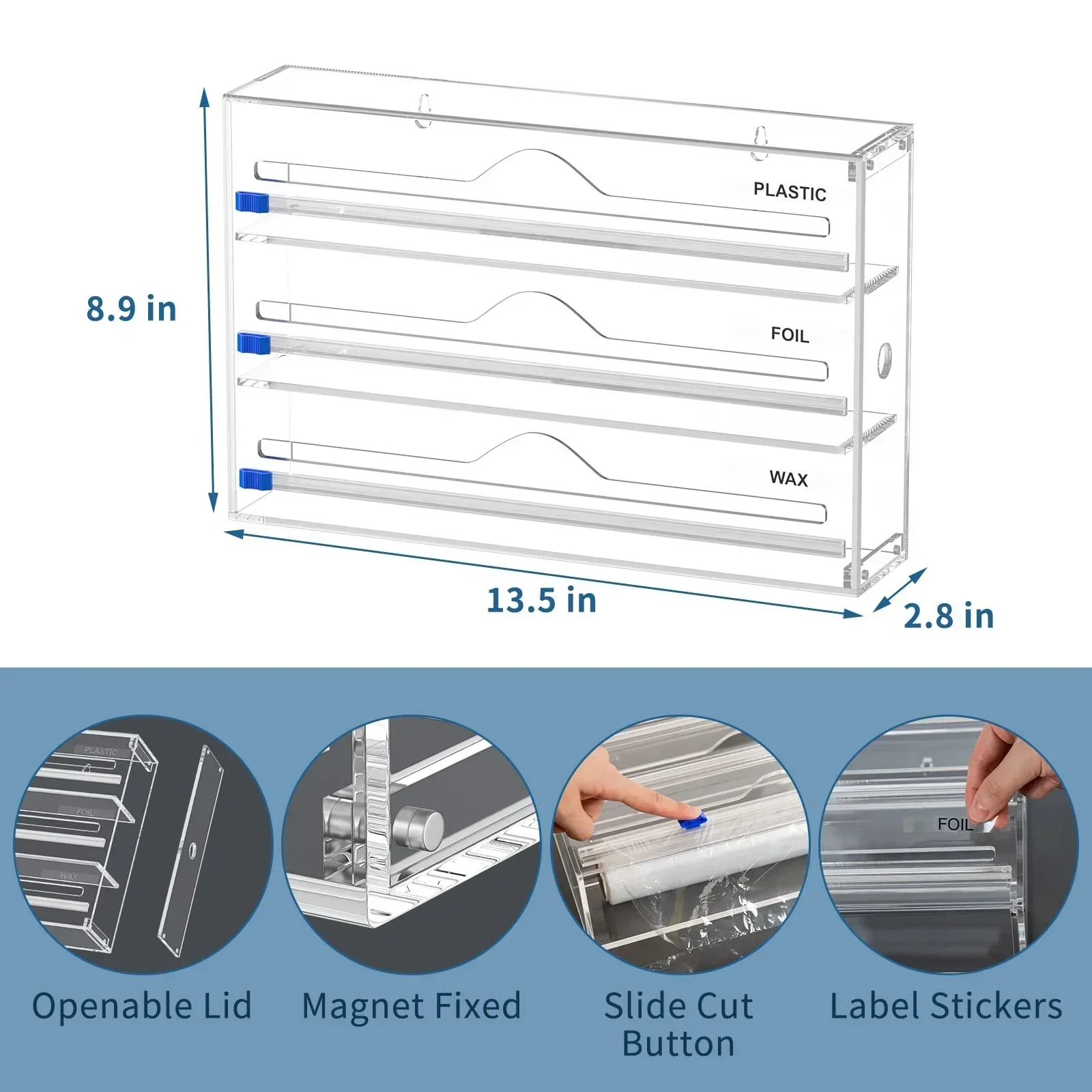 3 IN 1 Plastic Wrap Dispenser with Cutter Food Wrap Cling Film Storage Organizer Acrylic Foil Organizer for Kitchen Drawer