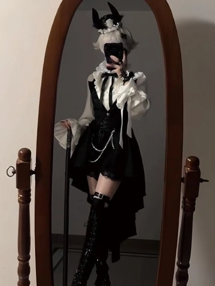 Lolita 3 Piece Sets Y2k Women Flare Sleeve Blouses + High Waist Lace Patchwork Shorts + Irregular Vest Aesthetic Outfits Suit