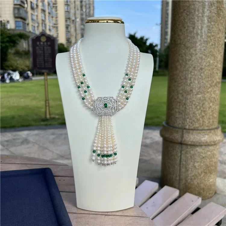 

Jewelry 20'' 3 Strands Cultured White Pearl Green agate Necklace White Pearl Cz Pendant