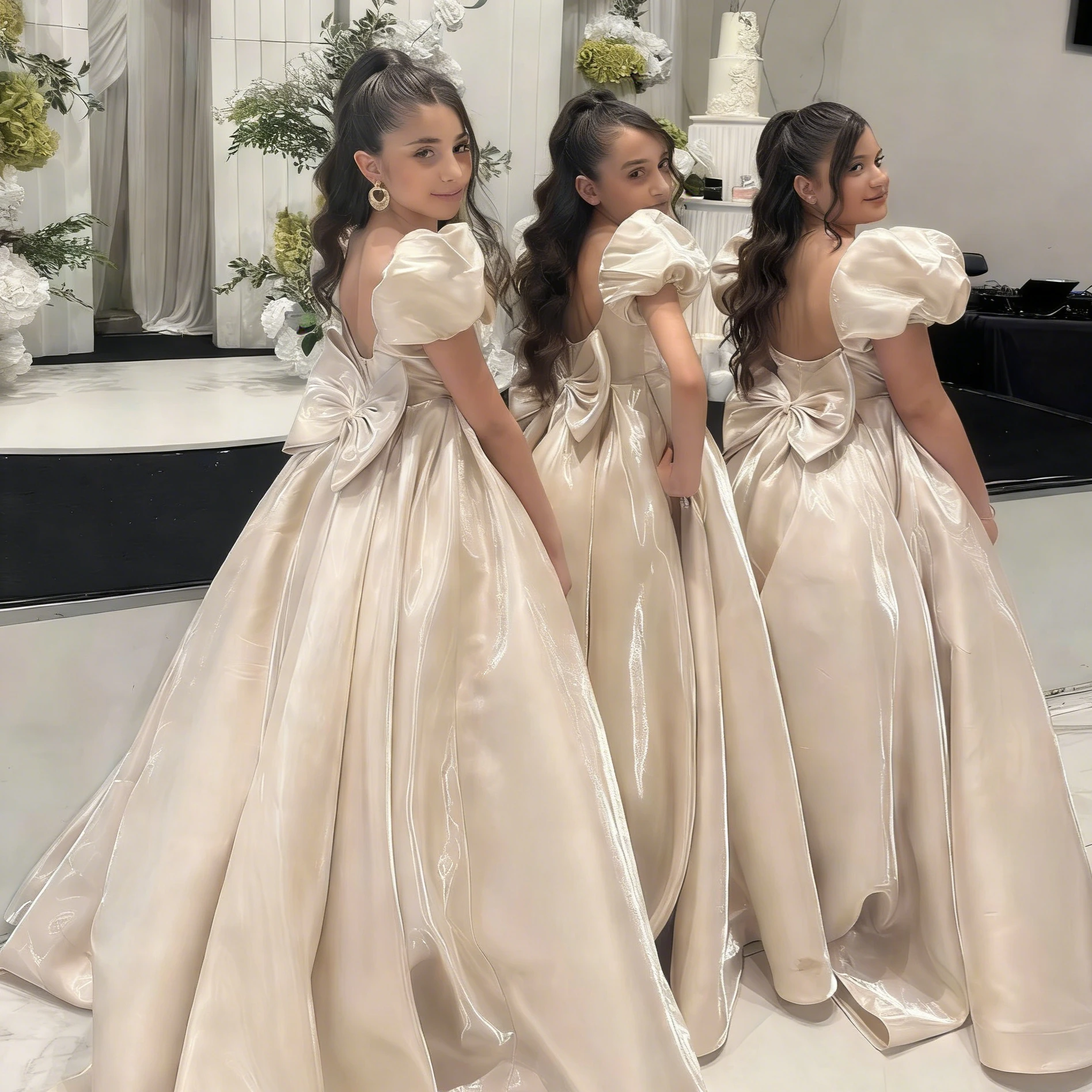 

Customized Flower Girl Dress For Wedding Bowknot Short Sleeve Floor Length High Waist Elegant Kids Birthday First Communion Gown