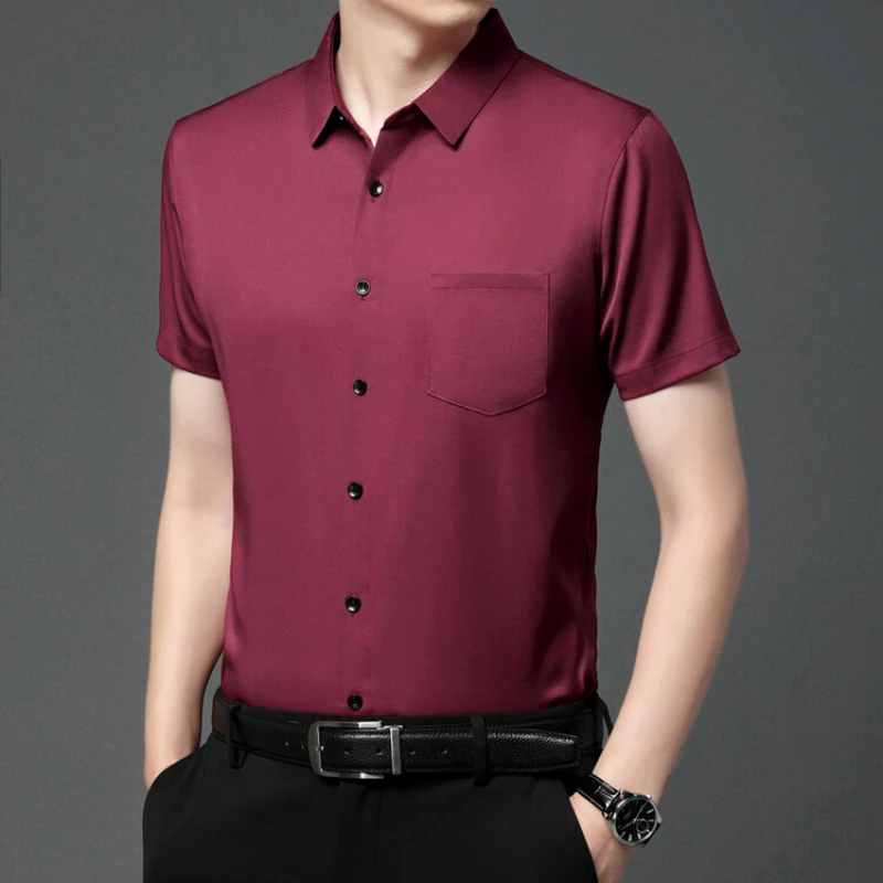 قمصان بيضاء للرجال ملابس مكتبية عالية الجودة غير حديدية مع جيب الثدي قمصان رجل الأعمال طويلة الأكمام عادية بولو T القمم