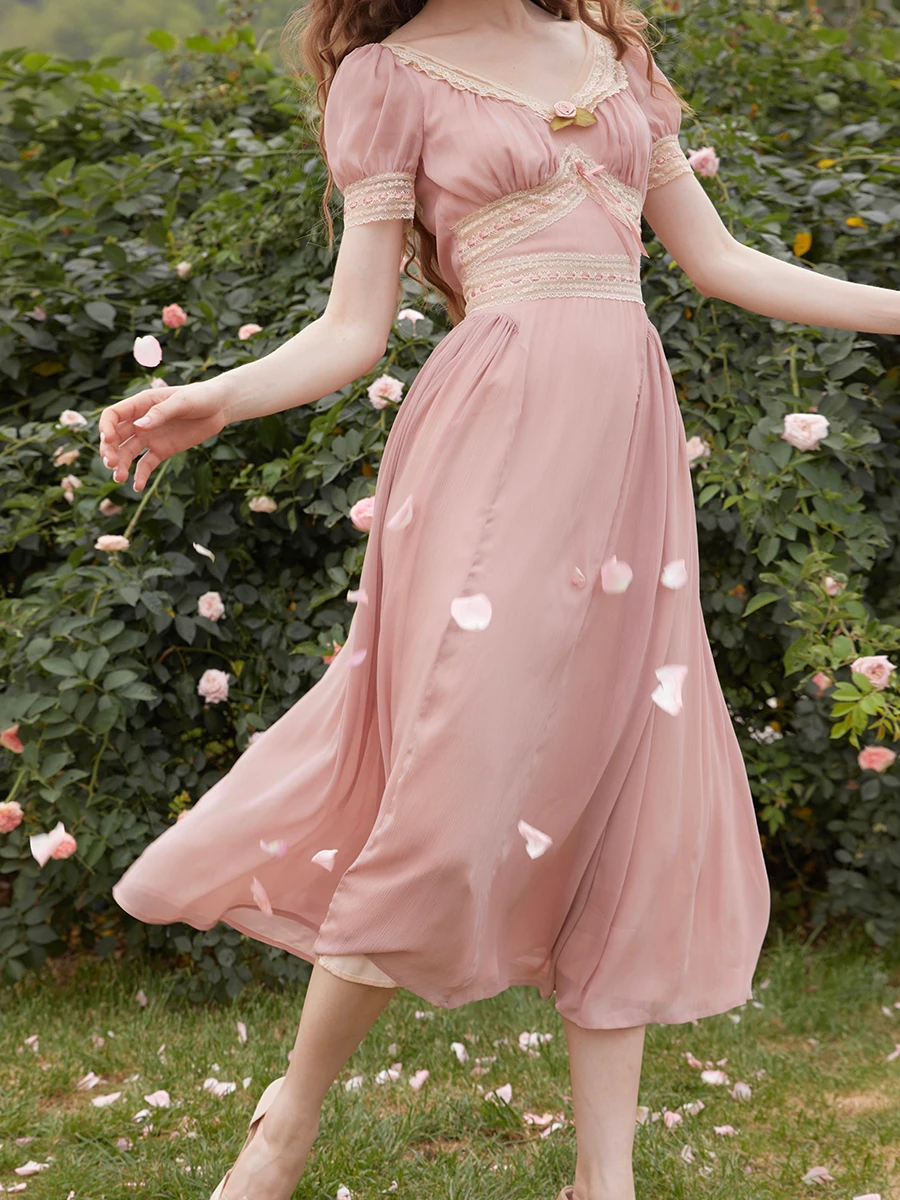 TIYIHAILEY Spring Summer Women Dress Detachabl Full Sleeve Long Mid-Calf Ladies XS-XL Vintage High Waist 2025 New V-Neck Lace