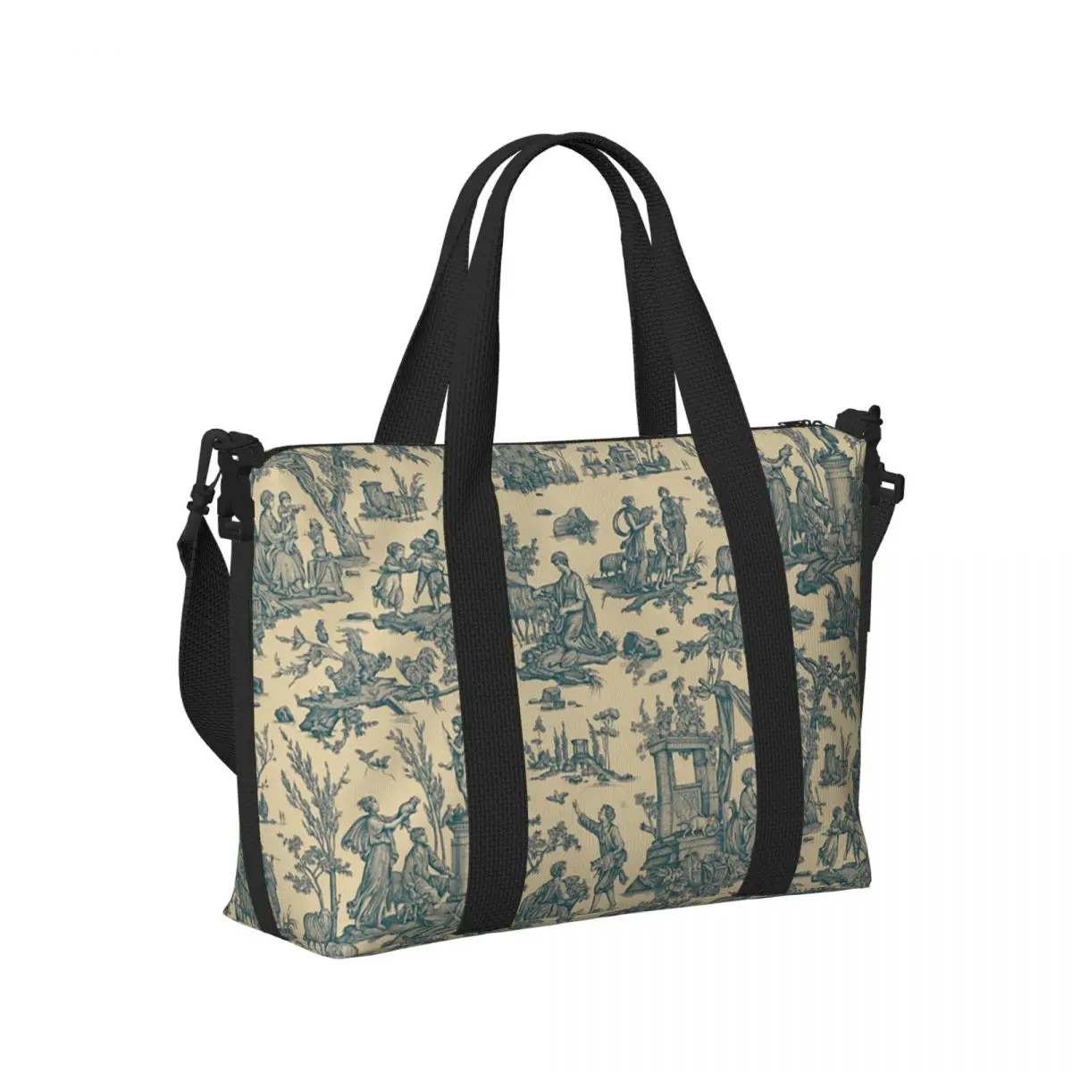 

French Toile De Jouy Navy Blue Motif Pattern Beach Travel Bag Tote Bags for Gym Yoga Women Shopping Duffle Shoulder Bag