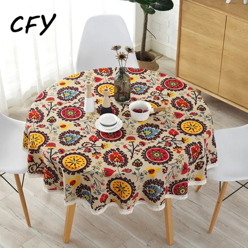 

Cotton Linen Pastoral Style Sun Flower Lace Round Tablecloth Coffte Table Round Table Cover Party Round Table Cloth Protector