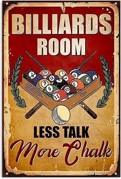 ESETASOT Less Talk More Chalk Metal Posters Billiard Room Retro Tin Signs Billiard Lovers Collectible Plaque Billiards Club sign