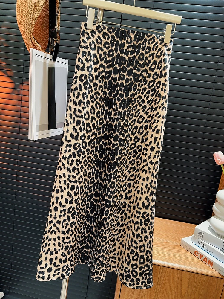 OCEANLOVE Satin Vintage Leopard Women Skirts Spring Summer A-line Fashion Faldas Mujer High Waist Elegant Mermaid Long Skirt