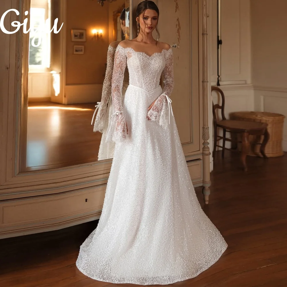 

Giyu Exquisite Off Shoulder Wedding Dresses Long Sleeve Beaded Lace Bridal Gown vestidos de novia Floor-Length Customsied 2025