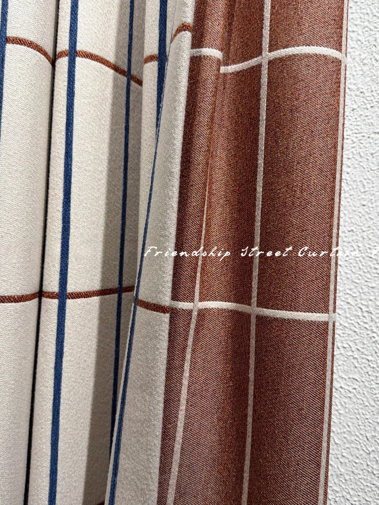 New Blue Geometric Grid Pattern Wool Ball Decoration Chenier Splicing Curtains for Living Room Bedroom Partition Curtains